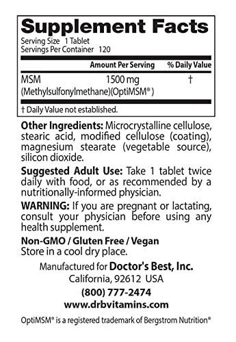 Doctor's Best MSM with OptiMSM, Non-GMO, Gluten Free, Joint Support, 1500 mg Doctor's BEST