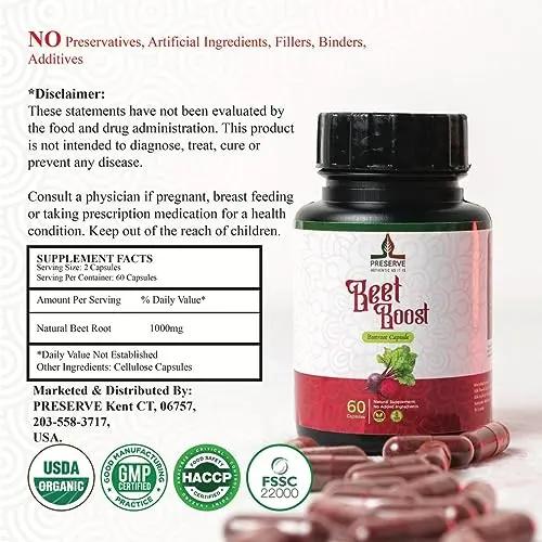 PRESERVE Organic Beetroot casules 16,000mg Per Serving, Natural Monthly Supplement 60 Capsules USDA Certified Non GMO Nitric Oxide Sugar Free Natural Pre-Workout Beet Boost