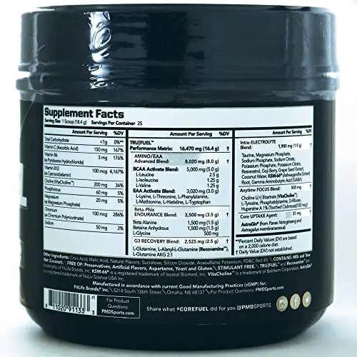 PMD Sports Core Fuel Endurance, Performance & Recovery - BCAAs, EAAs, Beta Alanine, Betaine Anhydrous, Glutamine, Electrolytes - Muscle Growth, Strength - Stim Free, Tropical Fruit Punch (25 Servings)