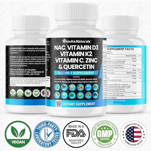 NAC Supplement N-Acetyl Cysteine 1000mg Vitamin C Vitamin D3 K2, Zinc, Turmeric Curcumin Winvita Naturals
