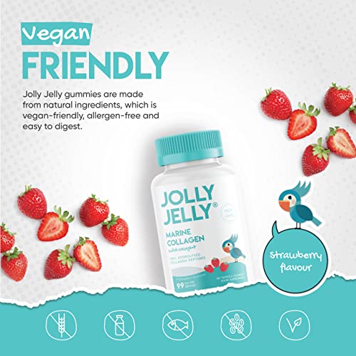 Marine Collagen Gummies by Jolly Jelly® - Wild-Caught Marine Collagen Tapioca Gummies - Type 1 Hydrolysed Collagen - Strawberry Flavour - 60 Gummies. JOLLY JELLY