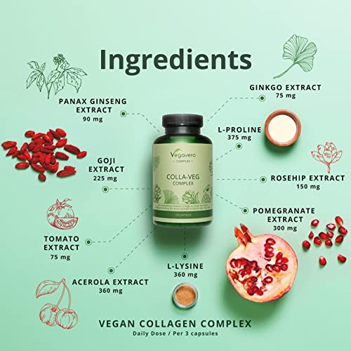Vegavero Vegan Collagen Supplement | 2000mg | Complex with L-Lysine, L-Proline, Vitamin C (Acerola) & Superfoods Extracts Vegavero