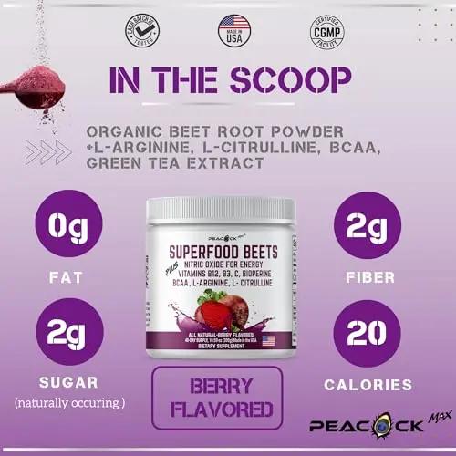 Peacock Max Superfoods Blend Immunity Support Vegan Gluten Free (Beets Nitric Oxide B12 Powder, 1 Pack)