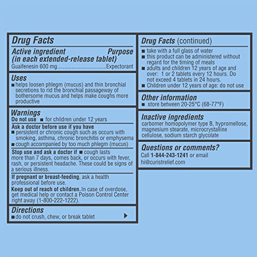 Curist Guaifenesin 600 mg Extended Release Tablets (300 Dye-Free Tablets) - Expectorant Curist