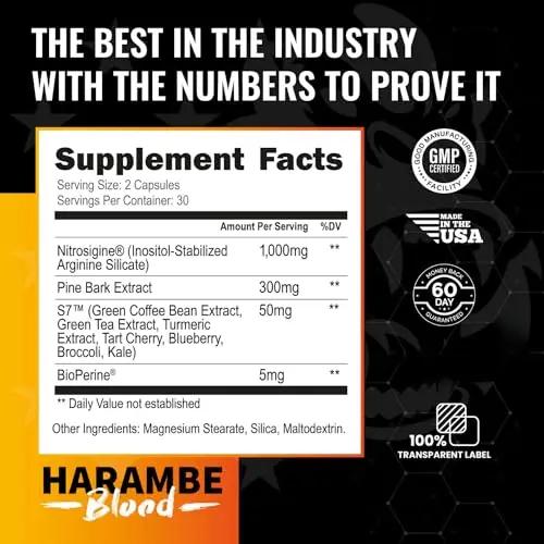 Harambe Pump - Nitric Oxide Supplement with Nitrosigine, S7, and BioPerine - Best Pre Workout Pump Pills - Top Vasodilator & NO Booster -