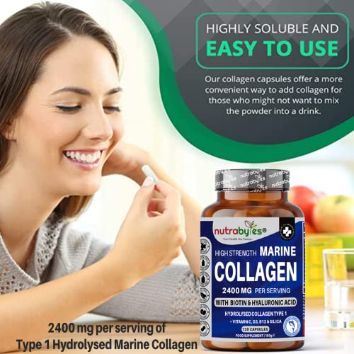 High Strength Marine Collagen 2400mg with Hyaluronic Acid 100mg, Biotin, Vitamin C, D3, B12 and Silica NUTRABYTES