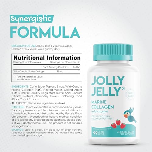 Marine Collagen Gummies by Jolly Jelly® - Wild-Caught Marine Collagen Tapioca Gummies - Type 1 Hydrolysed Collagen - Strawberry Flavour - 60 Gummies. JOLLY JELLY