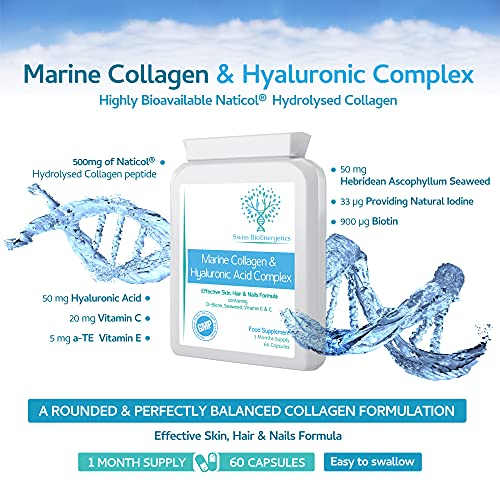 Marine Collagen & Hyaluronic Acid Complex - 60 Capsules - 500mg of Highly Bioavailable Naticol® Hydrolysed Collagen swiss bioenergetics