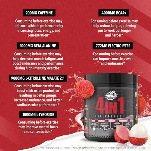 High IQ Nutrition 4 in 1 Lychee Flavored Pre Workout Powder 200mg Caffeine | Energy, Focus, Endurance, Electrolytes, Amino Acids, Beta-Alanine, & BCAAs | Men & Women | 30 Servings | 1.3 lbs.