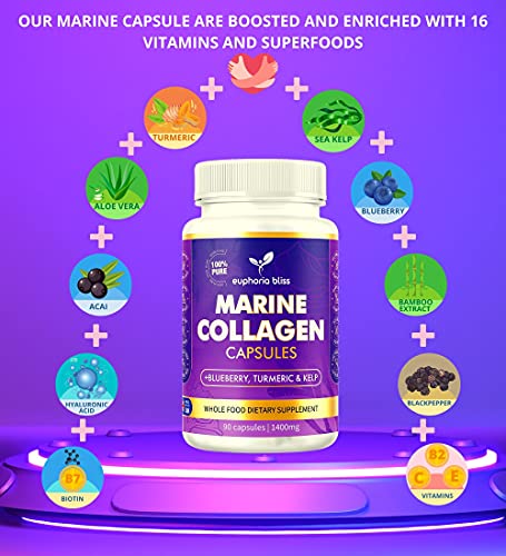 High Strength Marine Collagen Tablets - Skin, Hair, Nails & Joints - Fortified with Hyaluronic Acid Euphoria Bliss