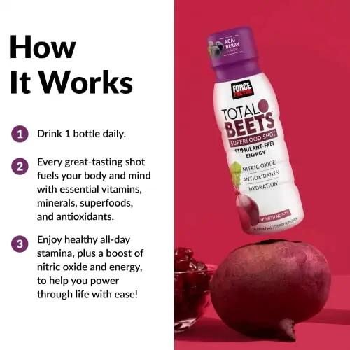 Force Factor Total Beets Superfood Shots for Healthy All-Day Stamina, Energy Drink Alternative with Beet Root Powder, Vitamins, & Antioxidants, Nitric Oxide Energy Shot, Açaí Berry, 3 Fl Oz (6-Pack)