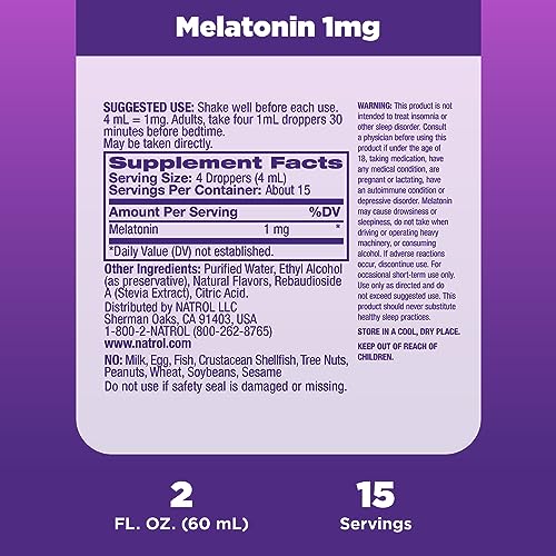 Natrol Liquid Melatonin 1mg, Berry-Flavored Dietary Supplement for Restful Sleep, 2 Fl Oz Natrol