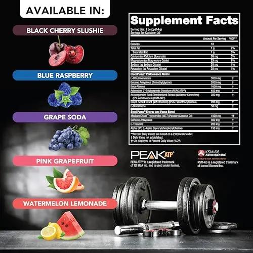SteelFit Steel Pump - Advanced Pre-Workout Powder Drink - 30 Servings - Peak Performance & Energy Boost Pre Workout Powder for Enhanced Endurance with Peak ATP & Ashwagandha (Blue Raspberry)