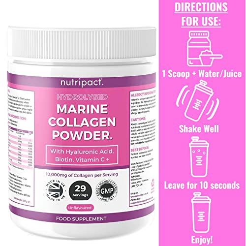 Hydrolysed Marine Collagen Peptides Powder with Hyaluronic Acid, Biotin, Vitamin C & B Vitamins – 10,000mg Collagen nutripact