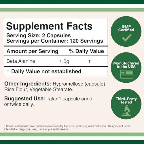 Beta Alanine Powder Capsules (Bulk Jar 240 Pills, 1.5 Gram Servings) Stimulant Free Pre Double Wood Supplements