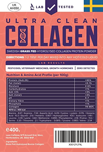 Clean & Pure Collagen Powder, Lab Tested Bovine Peptides with No or Zero Growth Hormones, Pesticides or Vet Meds - 400g Lean Caffeine