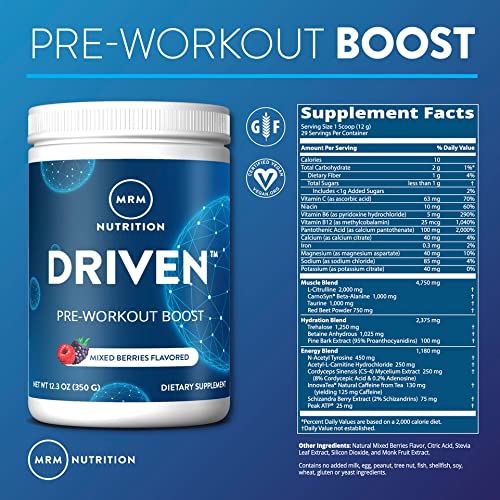 MRM Nutrition Driven Pre-Workout Powder | Mixed Berry Flavored | 125mg Caffeine | Pure MRM