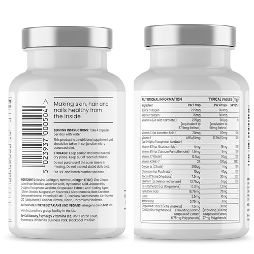 Re-Coll 1200mg Collagen Capsules - High Strength Supplement with Hyaluronic Acid - for Hair Skin Re-Coll