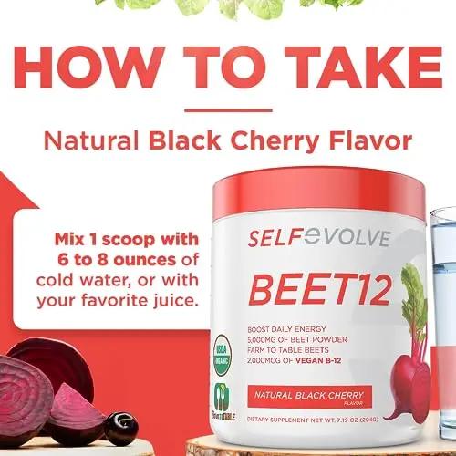 selfevolve Beet12 - Organic Beet Root Powder Enhanced with Vitamin B12, Nitric Oxide Booster, Beet Juice Powder Support Natural Energy, Beet Powder with Black Cherry Flavor, 30 Servings