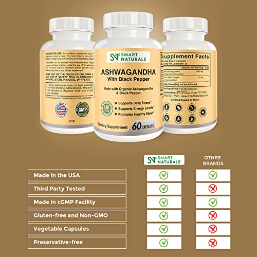 Smart Naturals Organic Ashwagandha with Black Pepper Herbal Supplements, Relieves Smart Naturals