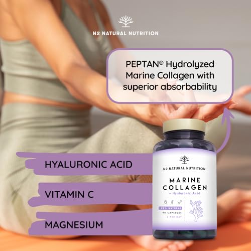 Marine Collagen with Hyaluronic Acid for Skin Care, Hair Care, Joints. Magnesium, Vitamin C. Hydrolysed Collagen Supplements N2 Natural Nutrition