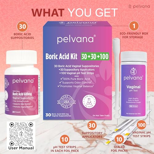 Pelvana Boric Acid Suppositories 30 + 30 Applicators + 100 pH Test Strips = 160 Piece Pelvana