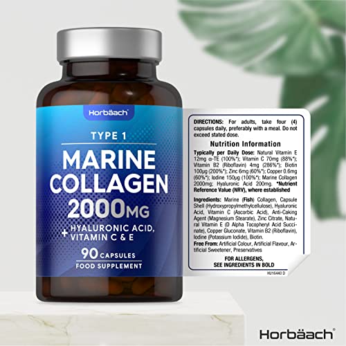 Marine Collagen Capsules | with Hyaluronic Acid, Vitamin C & E | 2000mg | High Strength Type 1 Collagen Horbäach