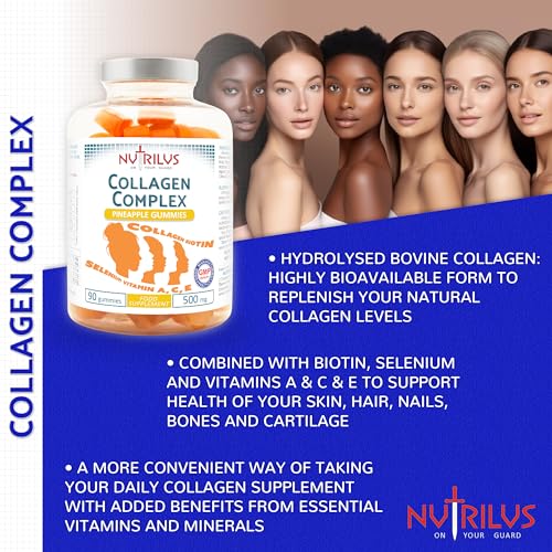 Collagen Complex 90 Natural Pineapple Gummies 500mg - Large Pack - with Biotin & Selenium Nutrilus