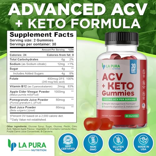 LaPura ACV 1000 mg + Keto Gummies for Weight Loss, 60 Gummies - 1000 mg Apple Cider LaPura