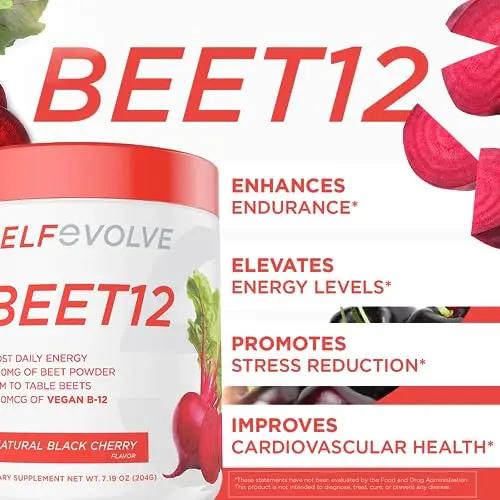 selfevolve Beet12 - Organic Beet Root Powder Enhanced with Vitamin B12, Nitric Oxide Booster, Beet Juice Powder Support Natural Energy, Beet Powder with Black Cherry Flavor, 30 Servings