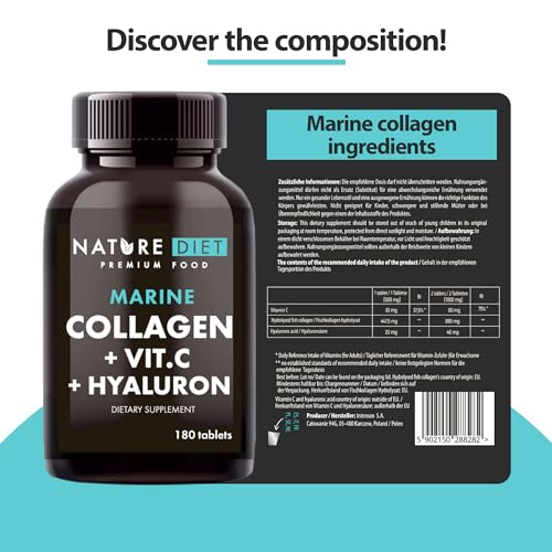 Nature Diet - Marine Collagen with Hyaluronic Acid and Vitamin C, 180 tablets, 500 mg , Peptan F , Fish Collagen Nature Diet