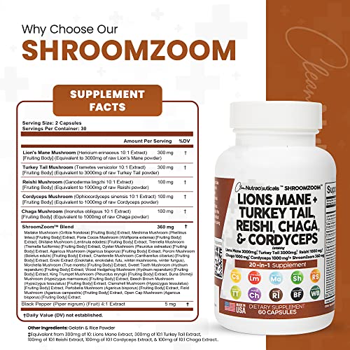 Lions Mane 3000mg 20in1 Mushroom Supplement with Turkey Tail 2000mg