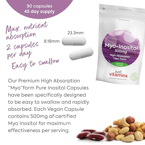 Myo-Inositol Capsules - 500mg x90 Capsules - Pure Premium Quality Myo Inositol Vitamin Just Vitamins