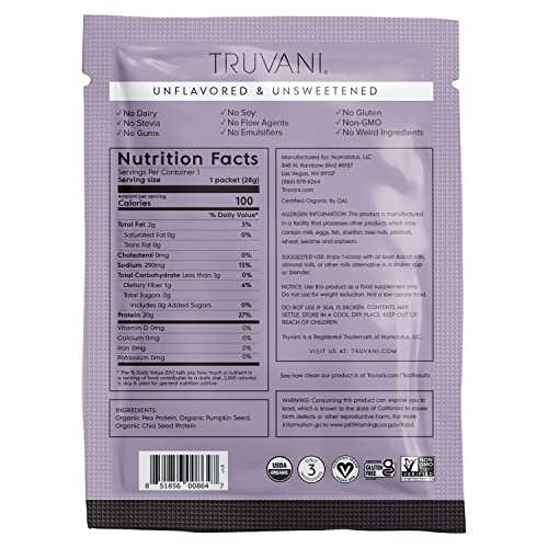 Truvani Organic Vegan Protein Powder Unflavored - 20g of Plant Based Protein, Organic Truvani