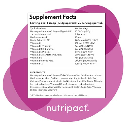 Hydrolysed Marine Collagen Peptides Powder with Hyaluronic Acid, Biotin, Vitamin C & B Vitamins – 10,000mg Collagen nutripact