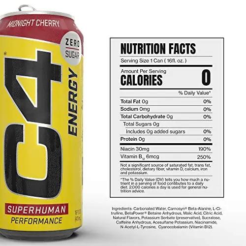 C4 Energy Carbonated Zero Sugar Energy Drink, Pre Workout Drink + Beta Alanine, Midnight Cherry, 16 Fl Oz (Pack of 24)