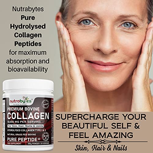 Pure Hydrolysed Collagen Powder 10000mg Bovine Type 1 & 3 Unflavoured|High Strength Protein Peptides for Women & Men NUTRABYTES