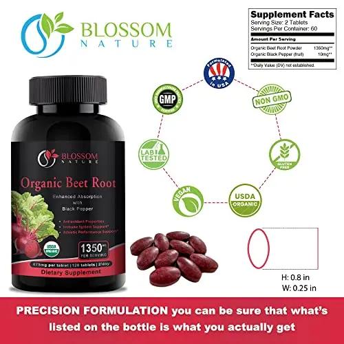 Organic Beet Root Powder 1350mg with Black Pepper-Nitric Oxide Booster, Digestive System, Athletic Performance-120 Tablets,675mg of Organic Beet Powder per Tablet