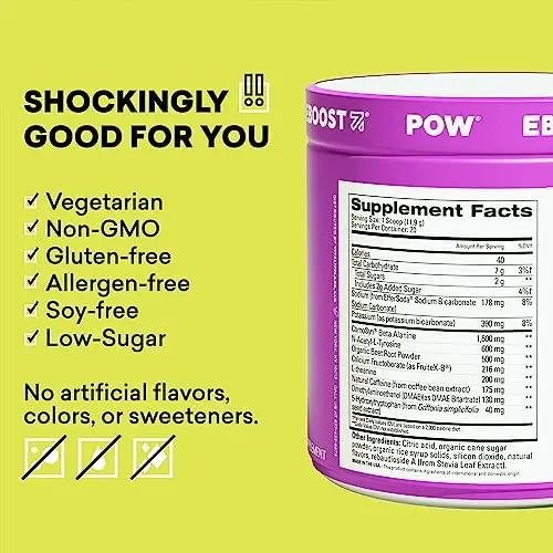 EBOOST POW Natural Pre Workout Powder - 20 Servings - Berry Melon Fizz - Pre Workout EBOOST
