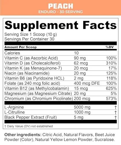 MTN OPS Enduro Nitric Oxide Supplement & Stim-Free Pre Workout - 30 Servings - with Magnesium Citrate, Beet Root Powder, Niacinamide, L Arginine & L Citrulline - Peach Zing Flavor