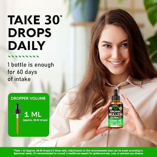 USDA Organic Mullein Drops for Lungs - Mullein Leaf Extract Supplement - Made in USA NUTRAHARMONY