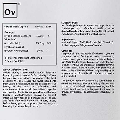 Collagen 450mg, Vitamin C 19.2mg, Hyaluronic Acid 30mg Capsules | Bones & Skin Ov OXFORD VITALITY