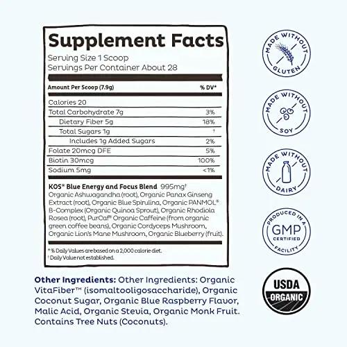 KOS USDA Organic Energizing Blue Spirulina Blend - 70 mg Organic Caffeine, B-Complex KOS