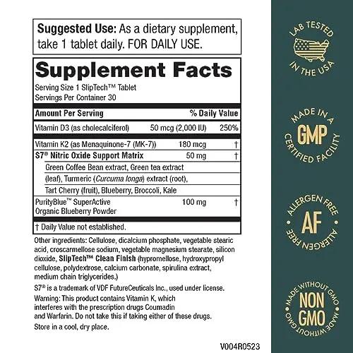 Purity Products Artery Pill Core from MK-7 Vitamin K2, Plant-Based S7 Nitric Oxide Booster, Vitamin D3, Organic Blueberries - Promotes Arterial Health & Cardiovascular Function - 30 Count