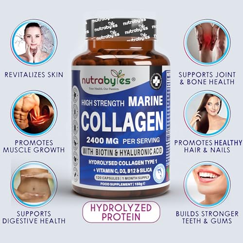 High Strength Marine Collagen 2400mg with Hyaluronic Acid 100mg, Biotin, Vitamin C, D3, B12 and Silica NUTRABYTES