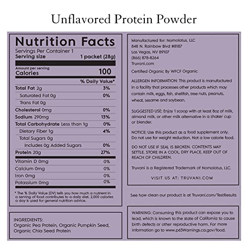 Truvani Organic Vegan Protein Powder Unflavored - 20g of Plant Based Protein, Organic Truvani