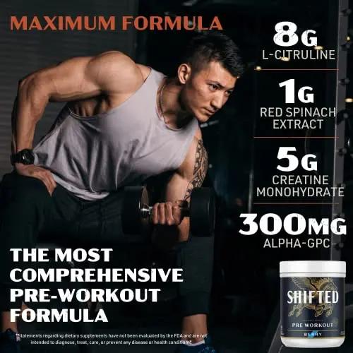 SHIFTED Maximum Pre Workout Powder, Energy & Focus Supplement with Creatine Monohydrate, Beta Alanine, Caffeine, Electrolytes, Pre-Workout Drink Mix, Muscle Pump/Growth Support, Berry, 20 Servings
