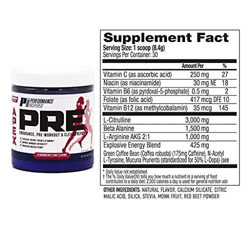 PERFORMANCE INSPIRED Nutrition - APEX Pre Workout Powder - Increase Energy & Endurance - Caffeine - Beta Alanine - All Natural - Vegan Formula - Strawberry Kiwi