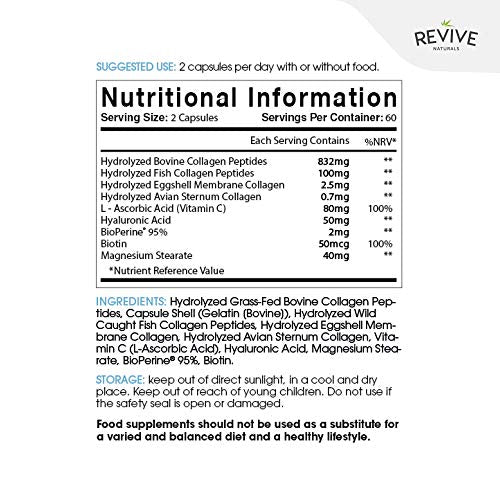 Multi Collagen Protein Capsules - Types I, II, III, V & X - Hydrolysed Grass Fed Bovine, Wild Caught Marine Revive Naturals