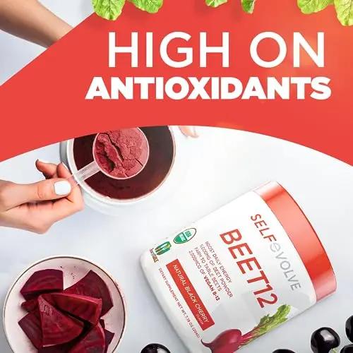 selfevolve Beet12 - Organic Beet Root Powder Enhanced with Vitamin B12, Nitric Oxide Booster, Beet Juice Powder Support Natural Energy, Beet Powder with Black Cherry Flavor, 30 Servings